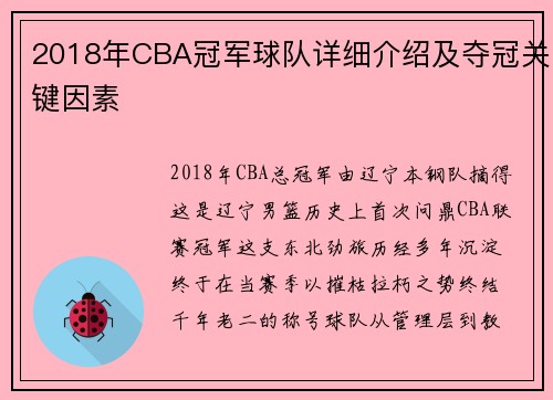 2018年CBA冠军球队详细介绍及夺冠关键因素